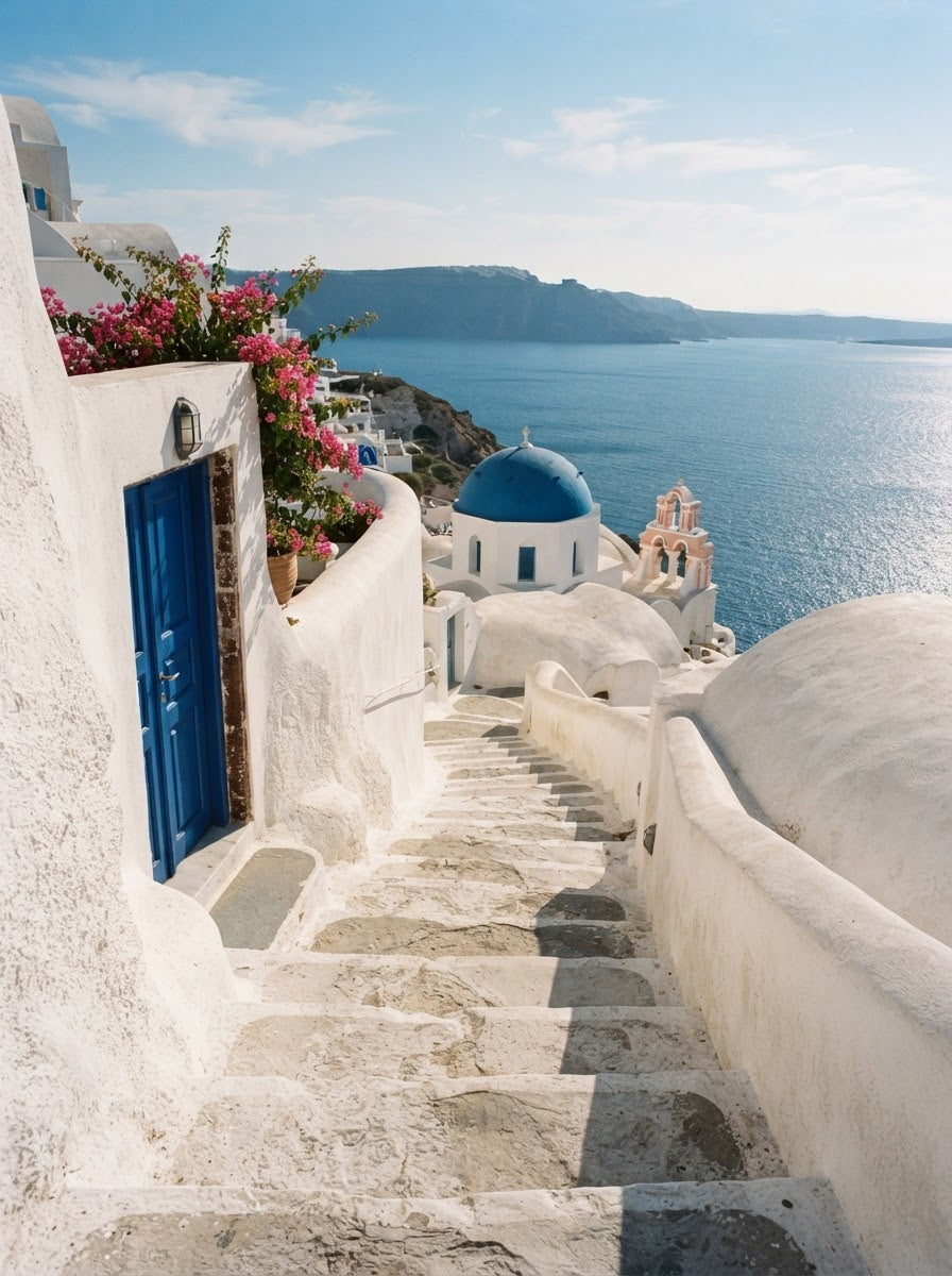 Whitewashed Santorini steps with a cobalt-blue door and Aegean Sea view
