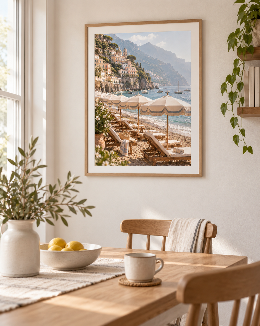 Amalfi Beach Club Print styled in an everyday neutral dining area