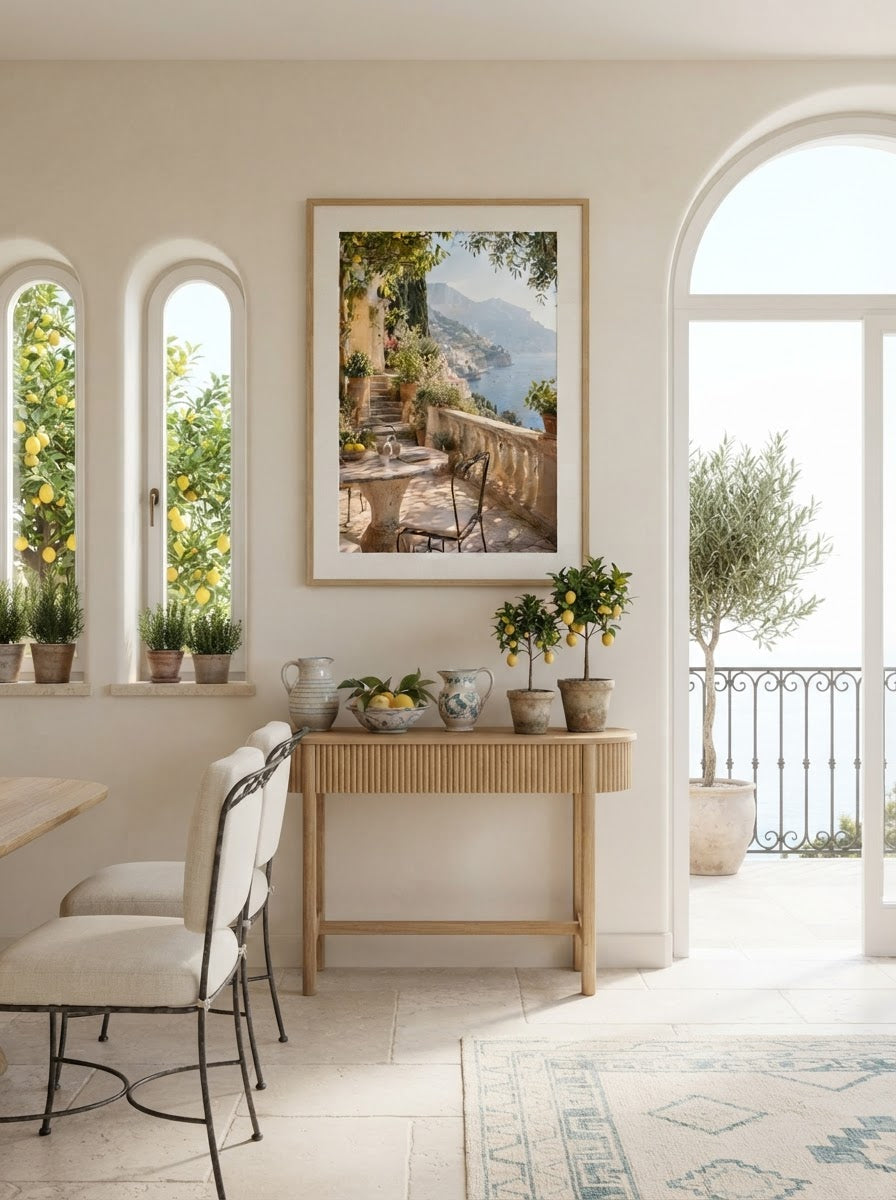 Amalfi Terrace Print styled in a refined Mediterranean interior
