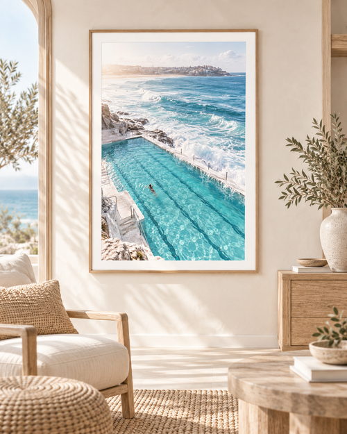 Bondi Blue print styled in a neutral coastal interior