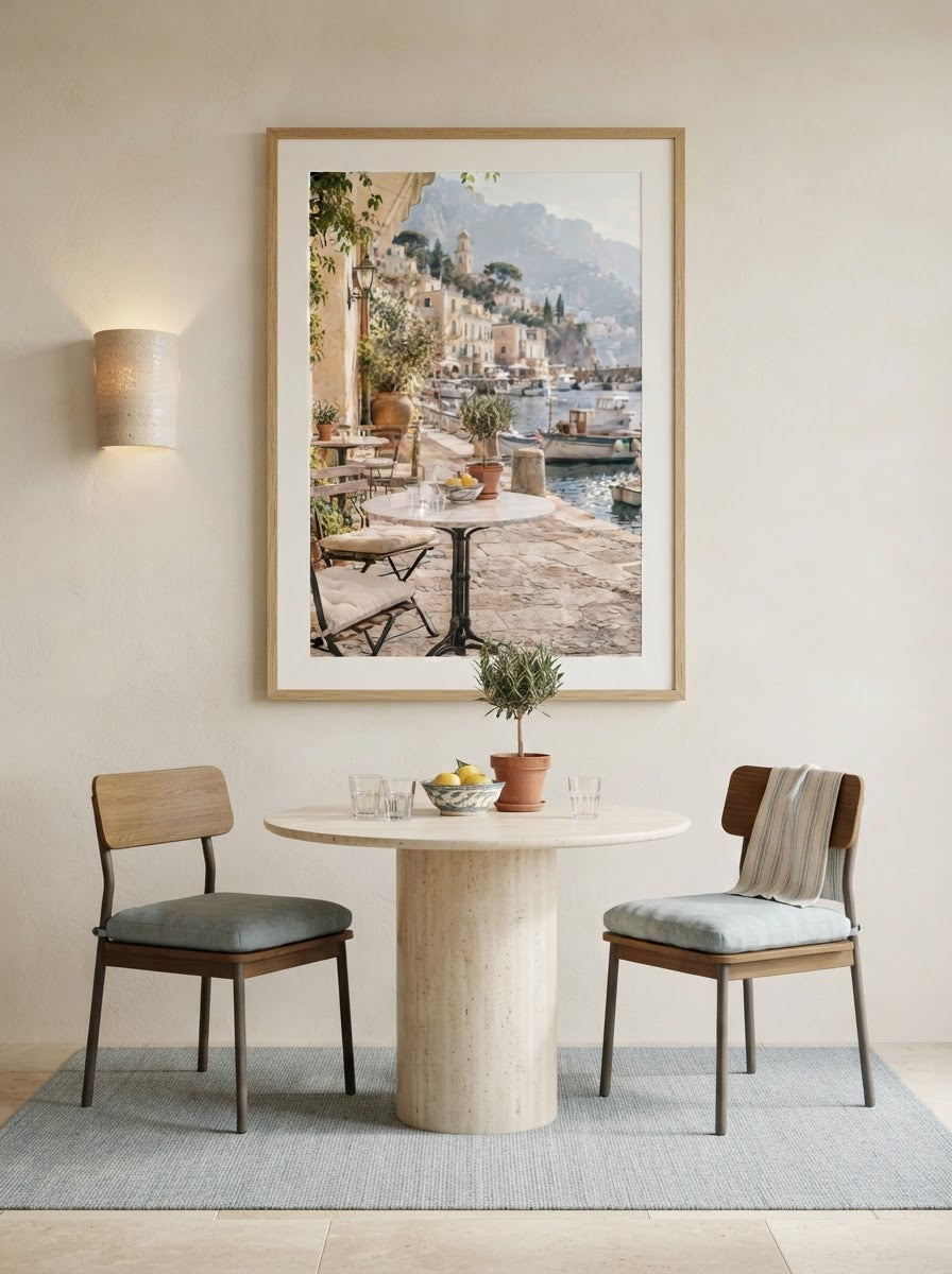 Harbour Café Print styled in an elegant coastal dining nook
