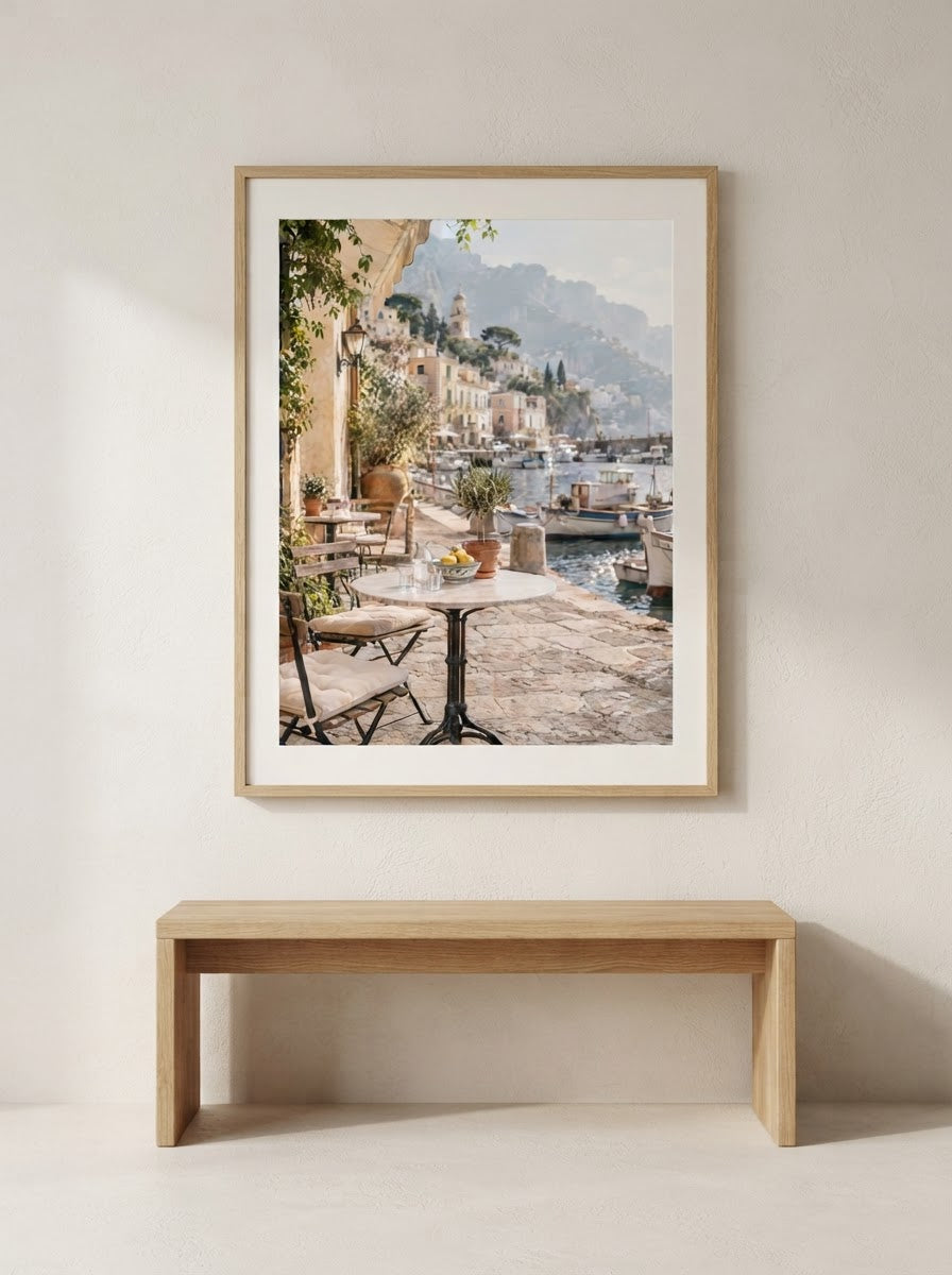 Harbour Café Print framed above a clean timber bench