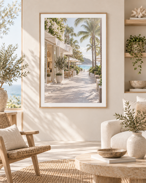 Hastings Street Morning print styled in a neutral coastal interior
