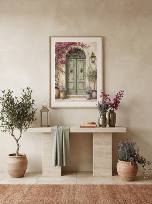 Italian Door Print styled in a refined Mediterranean entryway