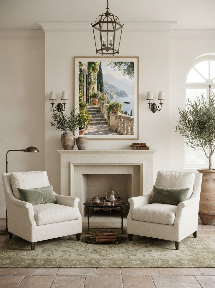 Lake Como Morning Print styled in an elegant villa living room
