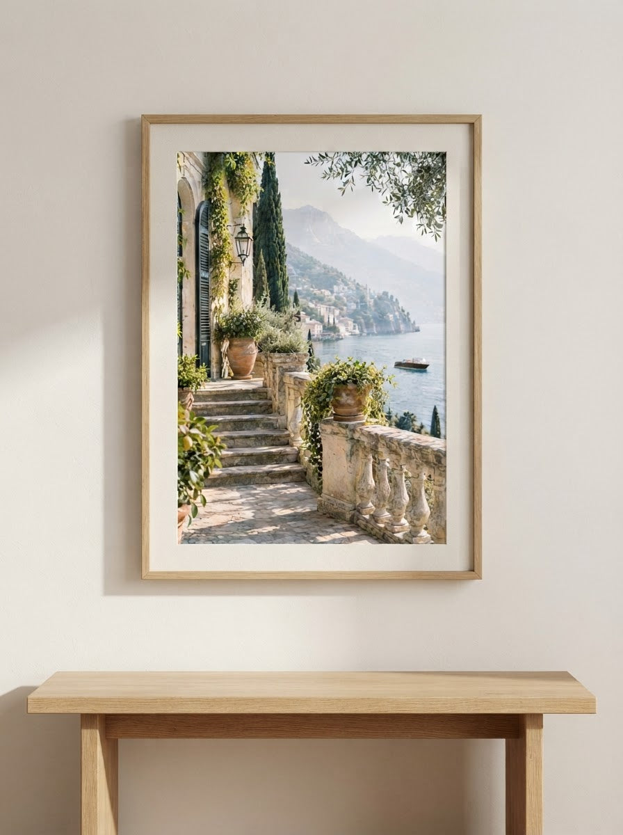 Lake Como Morning Print framed above a clean timber bench