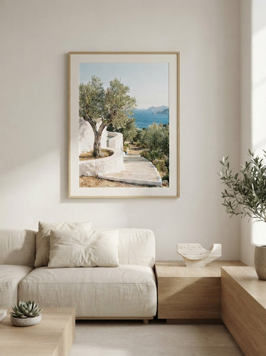 Olive Groves Print styled in a premium neutral living room