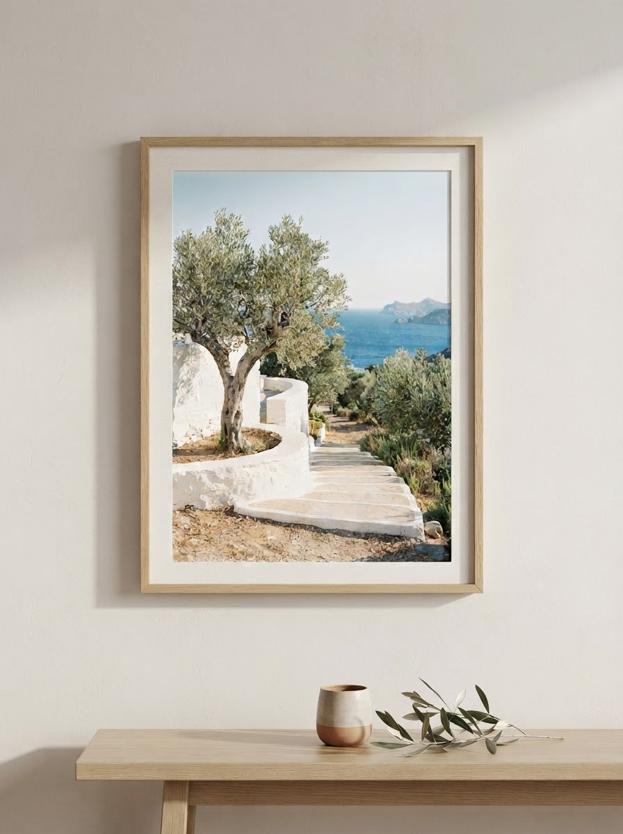 Olive Groves Print framed on a simple warm white wall