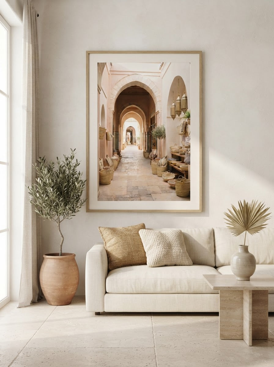 The Souk Print styled in a premium neutral living room