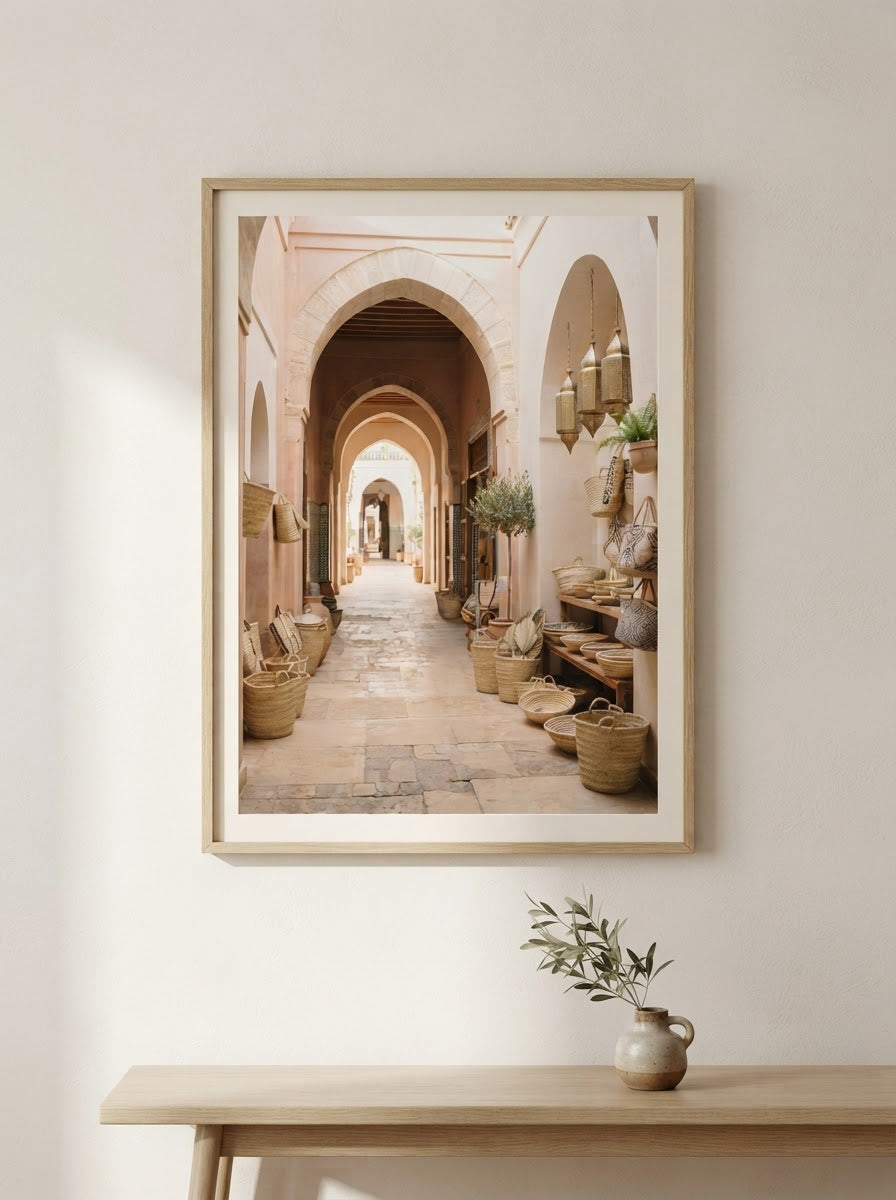 The Souk Print framed on a simple warm white wall