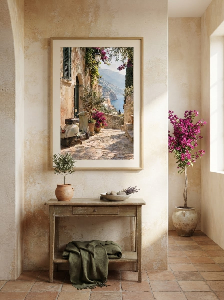 Village Scooter Print styled in a warm Mediterranean interior