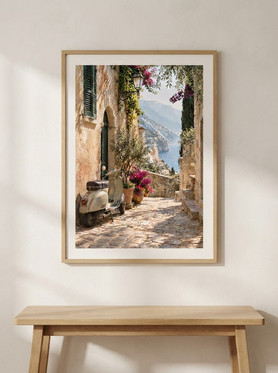 Village Scooter Print framed above a clean timber bench